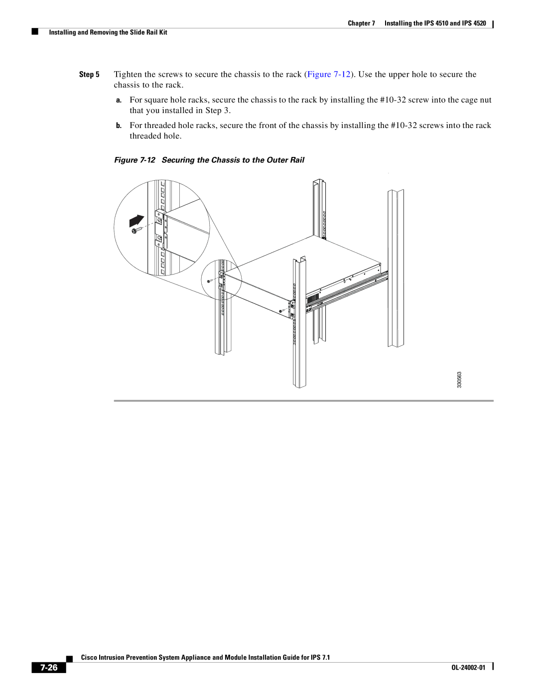 Cisco Systems IPS4520K9 manual Securing the Chassis to the Outer Rail 