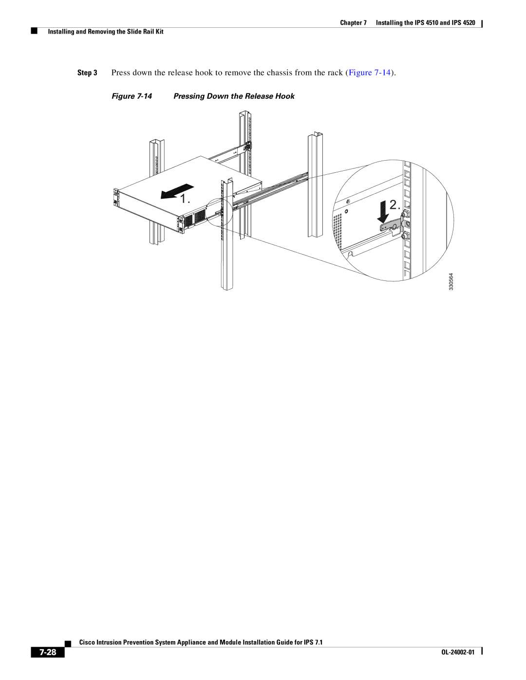 Cisco Systems IPS4520K9 manual Pressing Down the Release Hook 