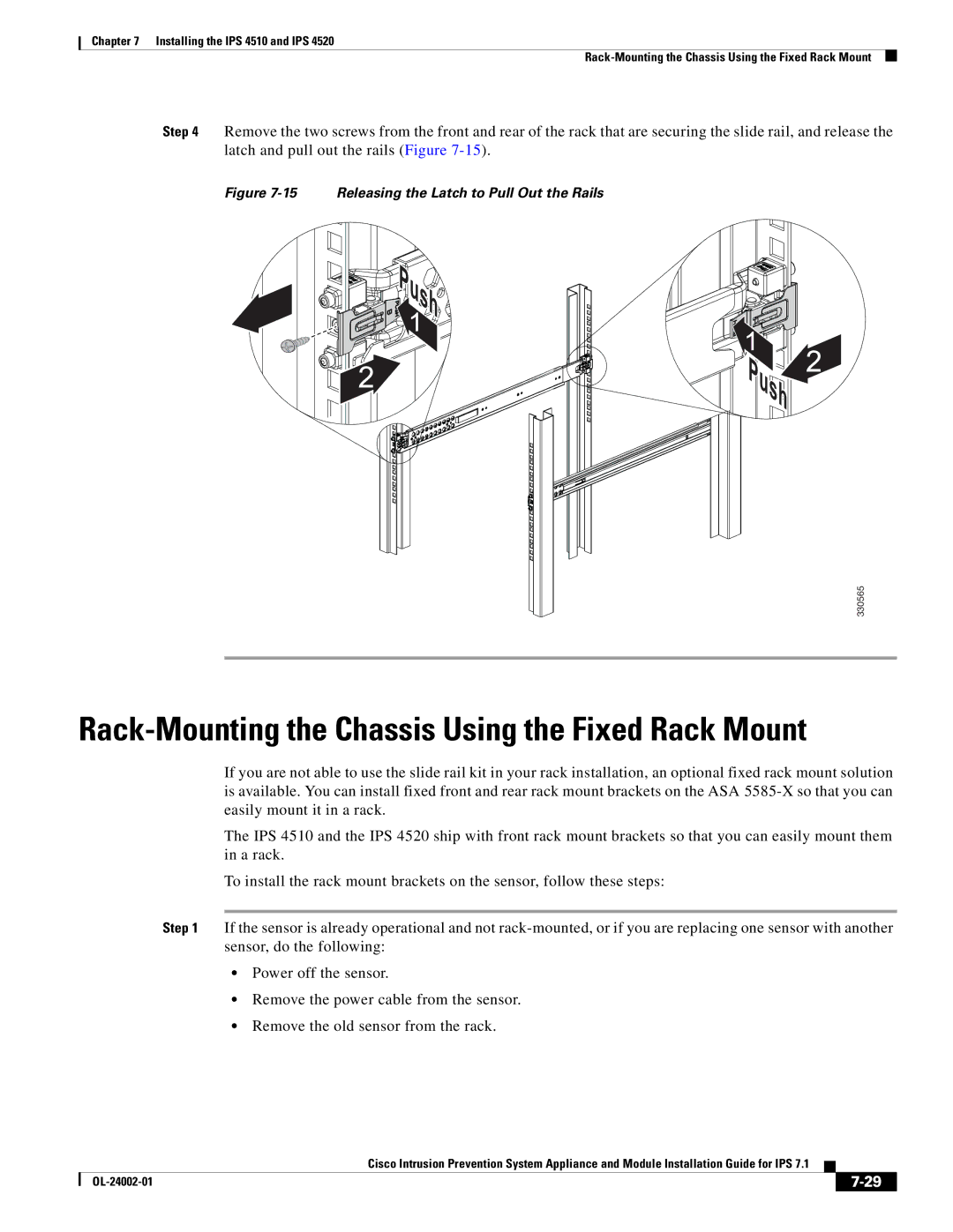 Cisco Systems IPS4520K9 manual Rack-Mounting the Chassis Using the Fixed Rack Mount 