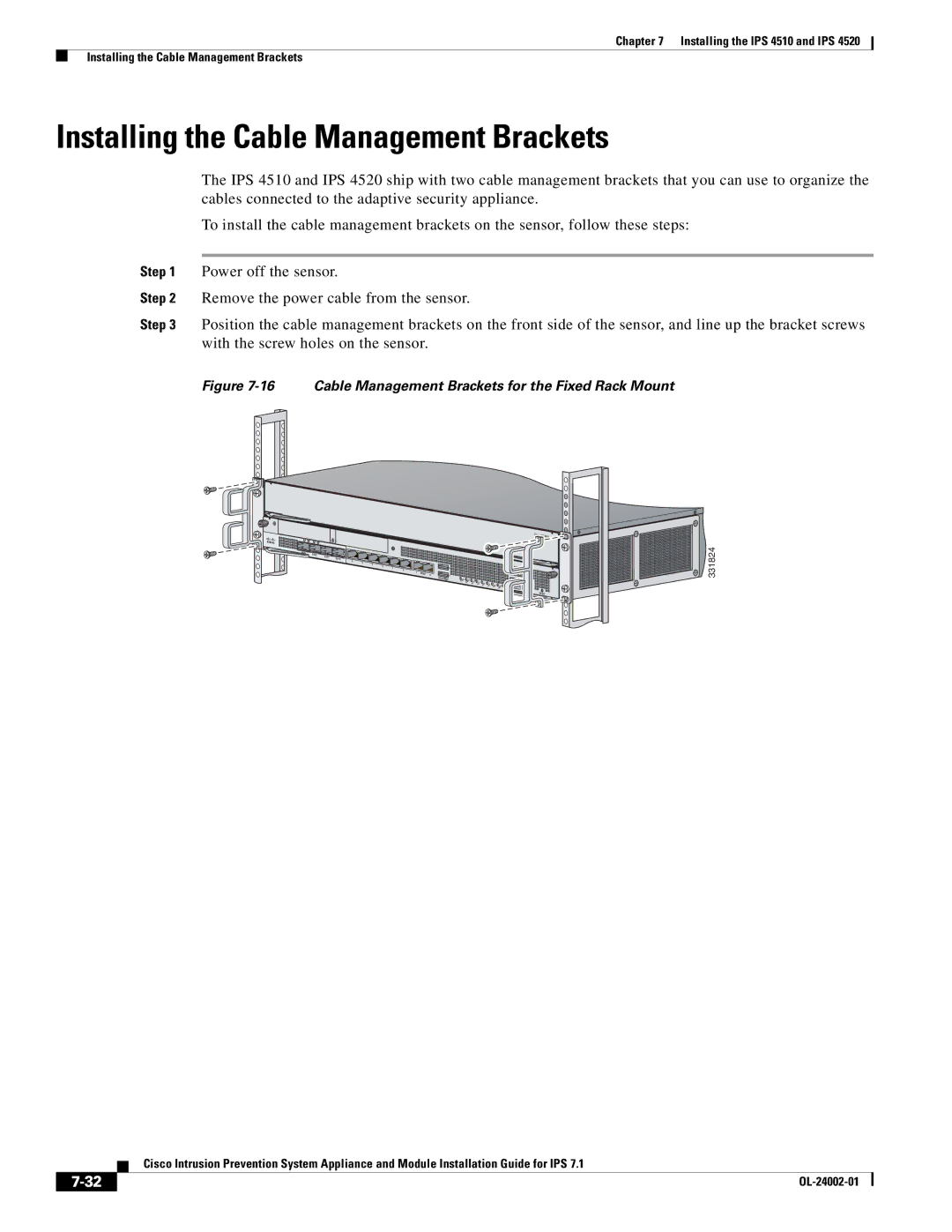 Cisco Systems IPS4520K9 manual Installing the Cable Management Brackets, Cable Management Brackets for the Fixed Rack Mount 