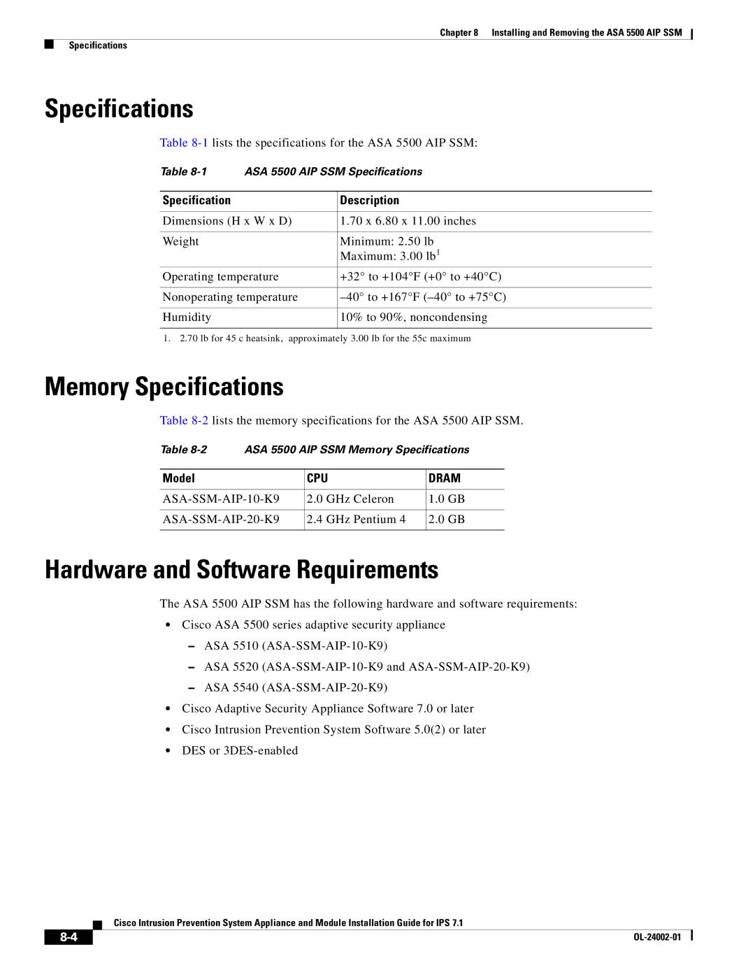 Cisco Systems IPS4520K9 manual Memory Specifications, Hardware and Software Requirements, Specification Description 