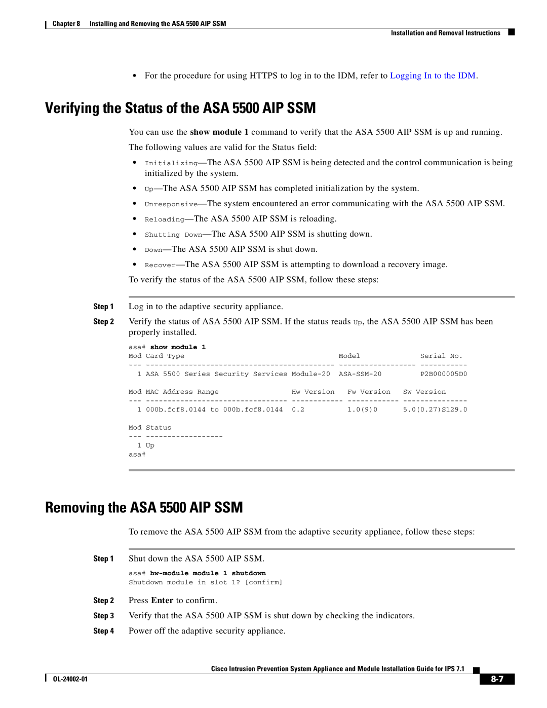 Cisco Systems IPS4520K9 manual Verifying the Status of the ASA 5500 AIP SSM, Removing the ASA 5500 AIP SSM 