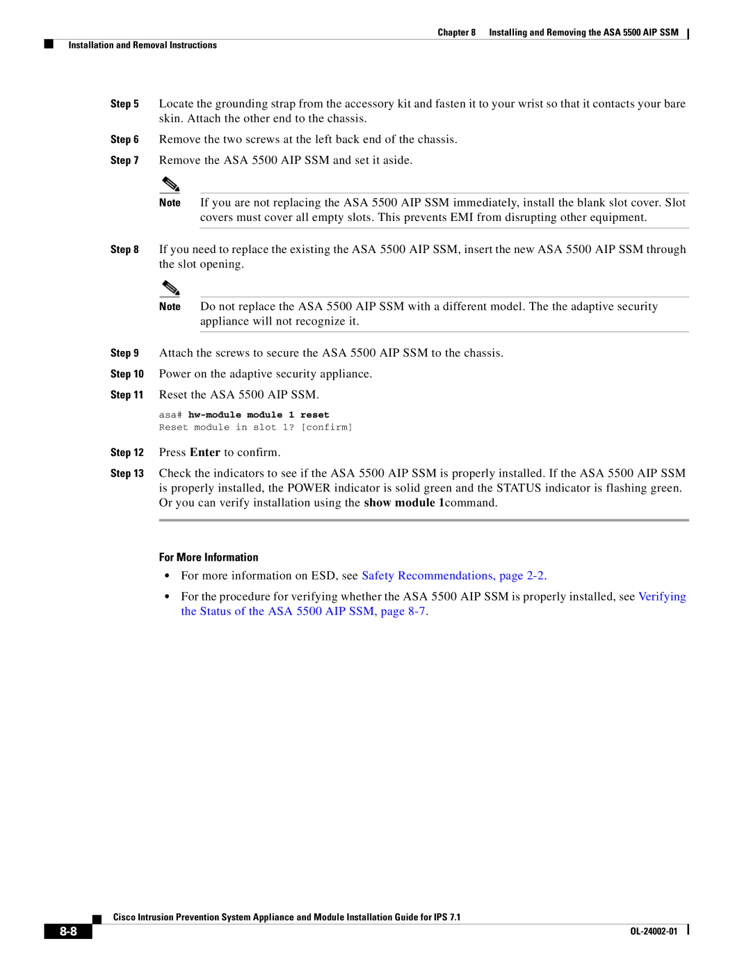 Cisco Systems IPS4520K9 manual Asa# hw-module module 1 reset 