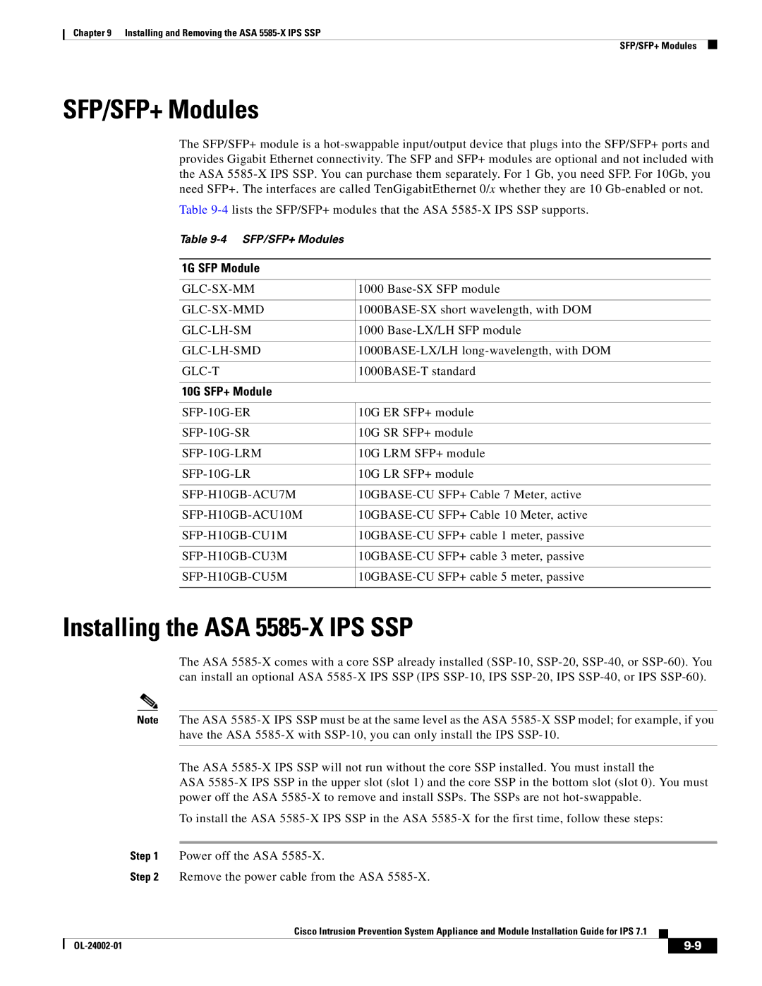 Cisco Systems IPS4520K9 manual SFP/SFP+ Modules, Installing the ASA 5585-X IPS SSP, Power off the ASA 