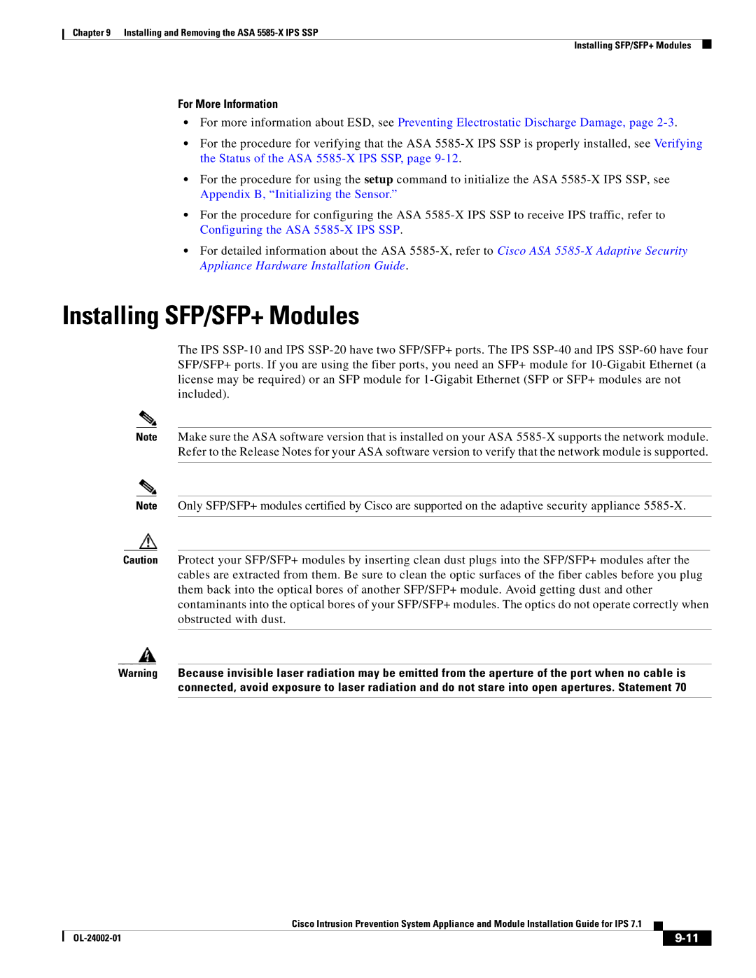 Cisco Systems IPS4520K9 manual Installing SFP/SFP+ Modules, For More Information 