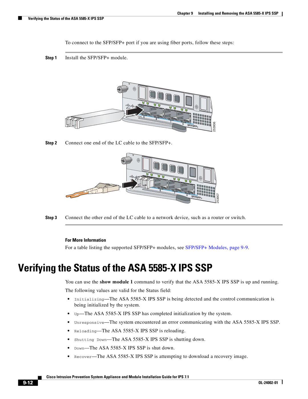 Cisco Systems IPS4520K9 Verifying the Status of the ASA 5585-X IPS SSP, Connect one end of the LC cable to the SFP/SFP+ 