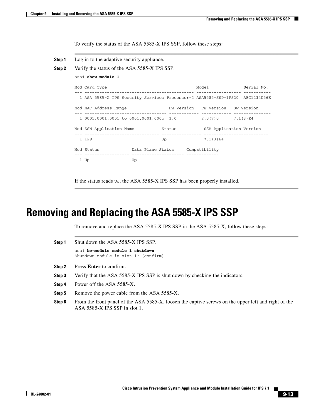 Cisco Systems IPS4520K9 manual Removing and Replacing the ASA 5585-X IPS SSP, Verify the status of the ASA 5585-X IPS SSP 