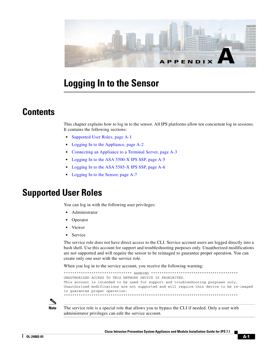 Cisco Systems IPS4520K9 manual Logging In to the Sensor, Supported User Roles 