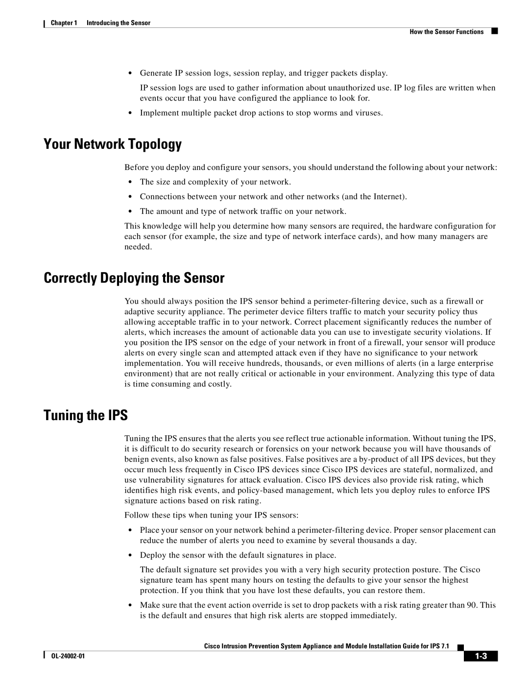 Cisco Systems IPS4520K9 manual Your Network Topology, Correctly Deploying the Sensor, Tuning the IPS 