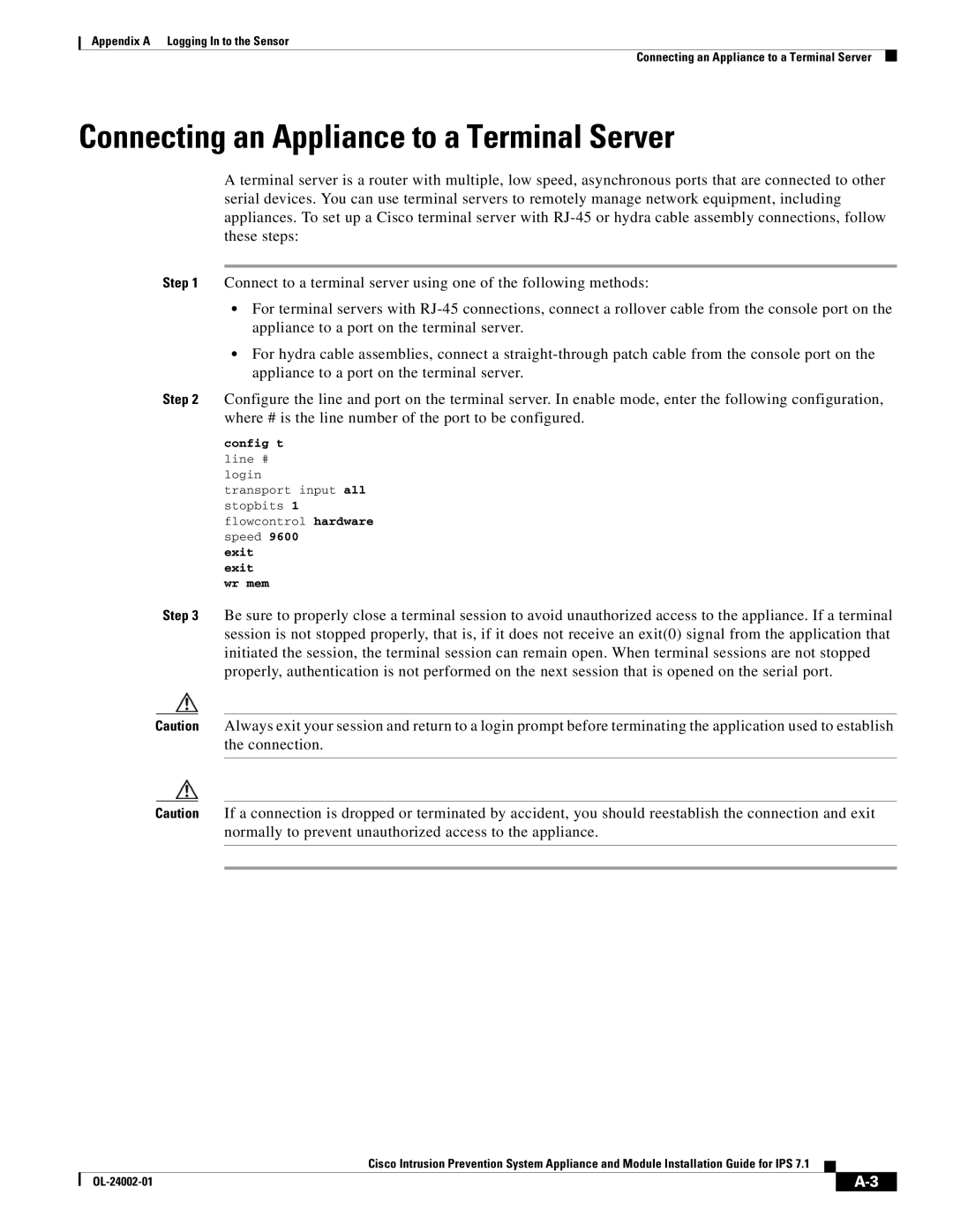 Cisco Systems IPS4520K9 manual Connecting an Appliance to a Terminal Server, Config t 