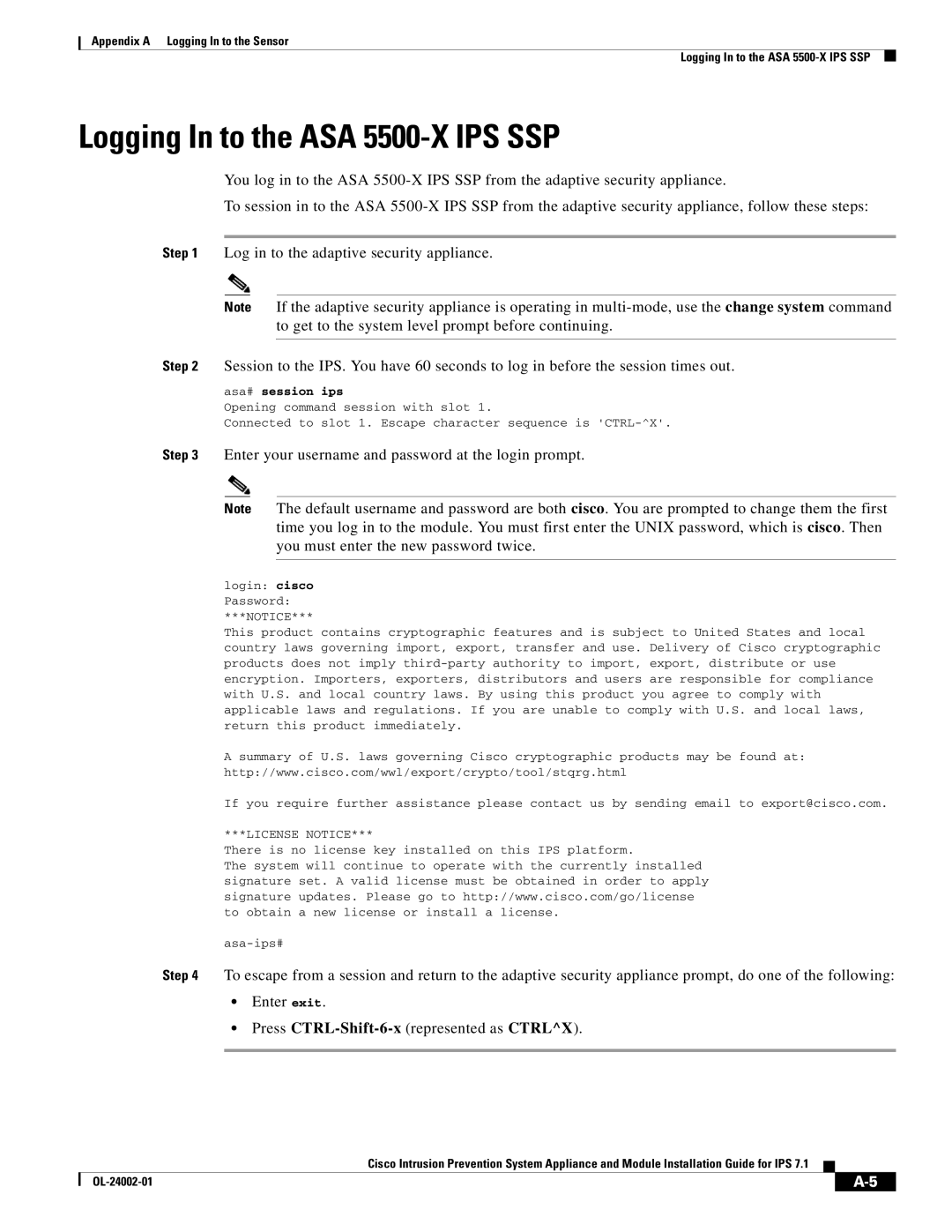 Cisco Systems IPS4520K9 manual Logging In to the ASA 5500-X IPS SSP, Asa# session ips 