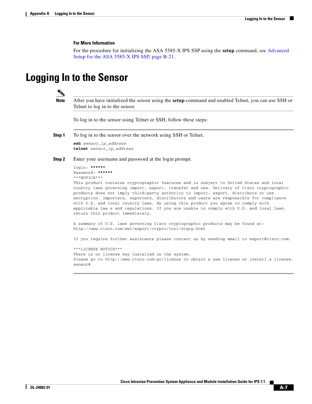 Cisco Systems IPS4520K9 manual Logging In to the Sensor 