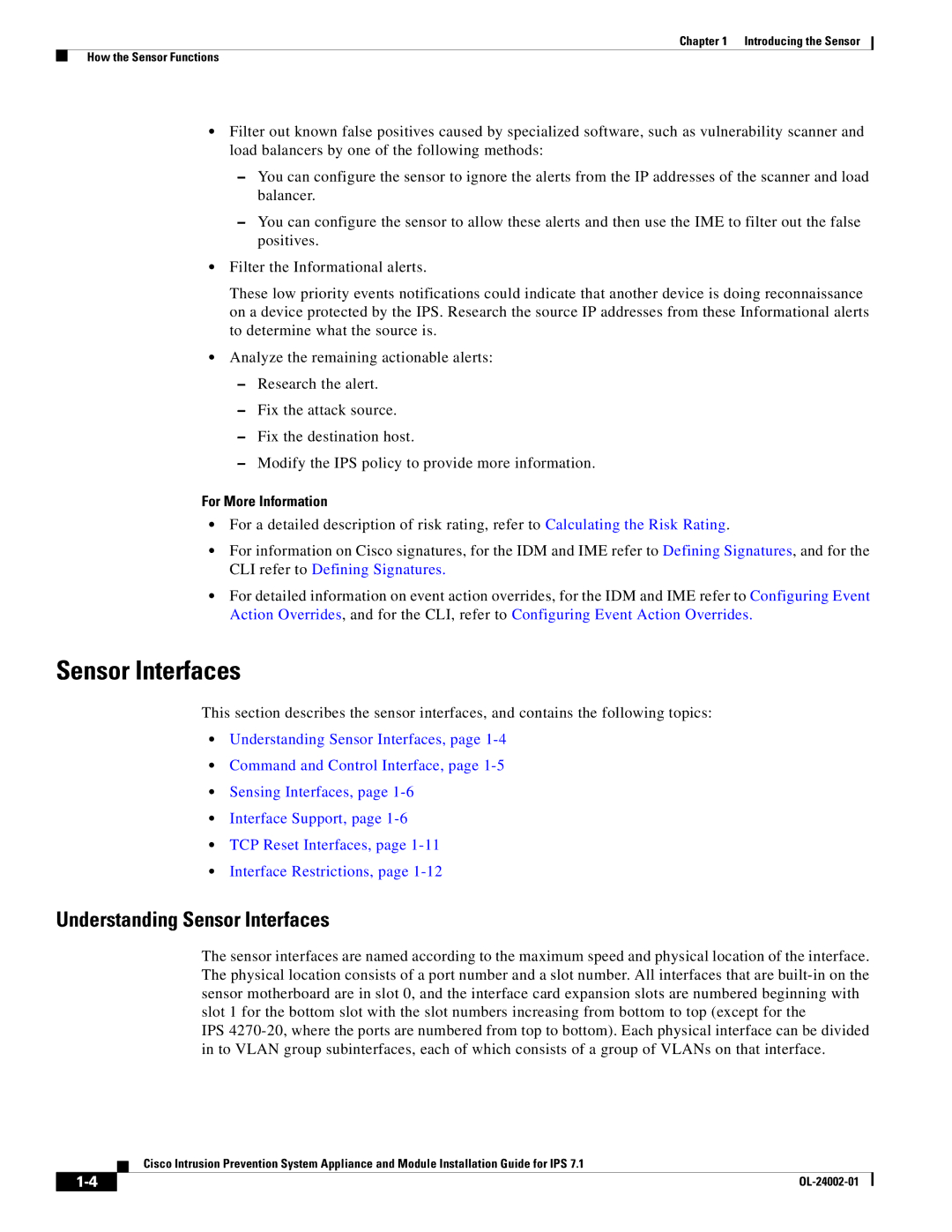 Cisco Systems IPS4520K9 manual Understanding Sensor Interfaces, For More Information 