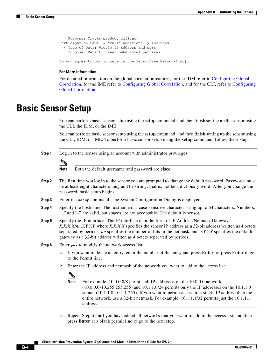 Cisco Systems IPS4520K9 manual Appendix B Initializing the Sensor Basic Sensor Setup 