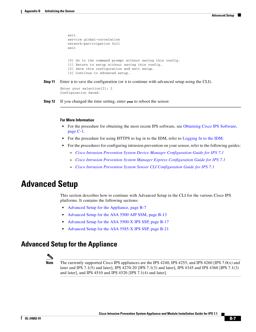 Cisco Systems IPS4520K9 manual Advanced Setup for the Appliance 