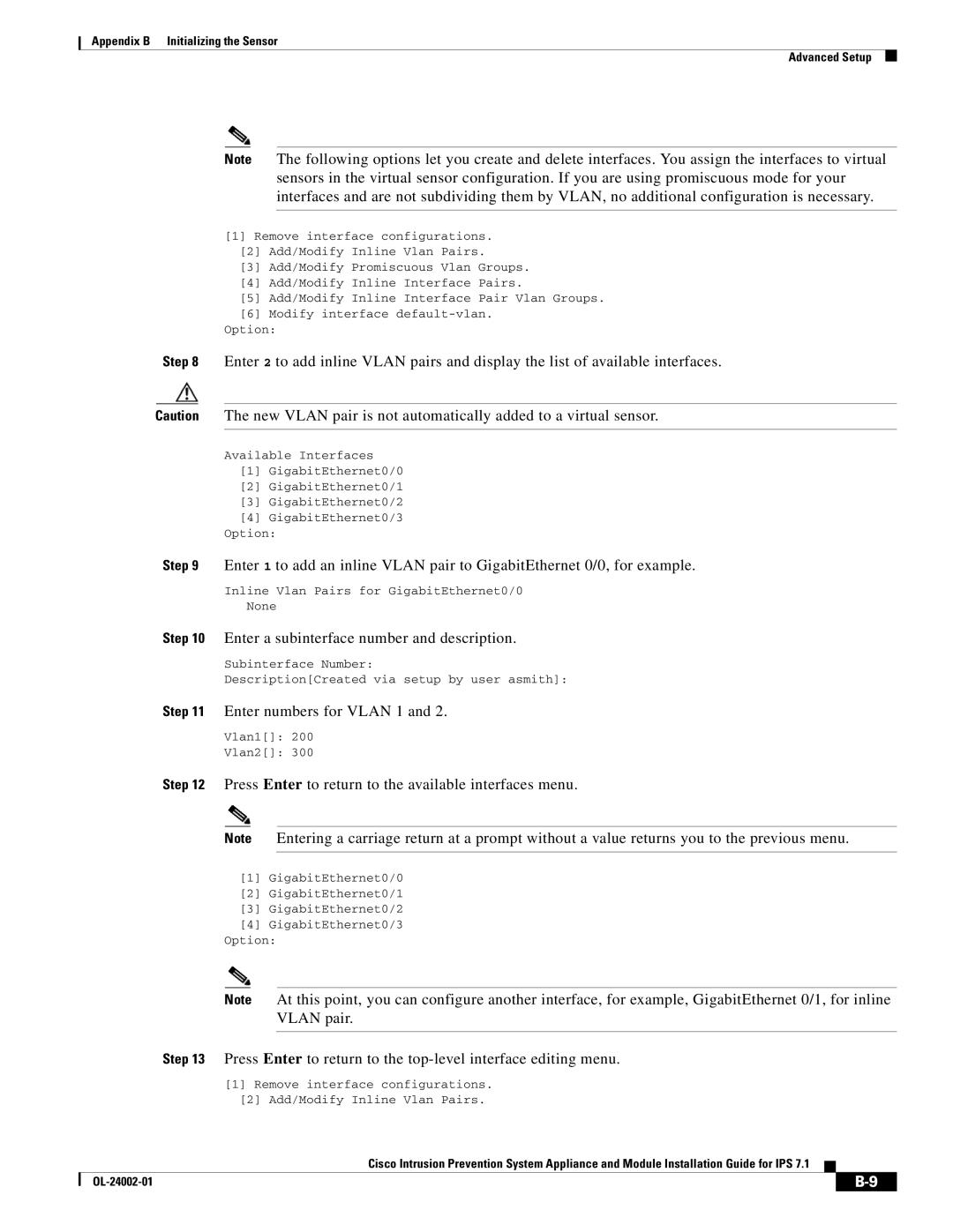 Cisco Systems IPS4520K9 manual Enter a subinterface number and description, Enter numbers for Vlan 1 