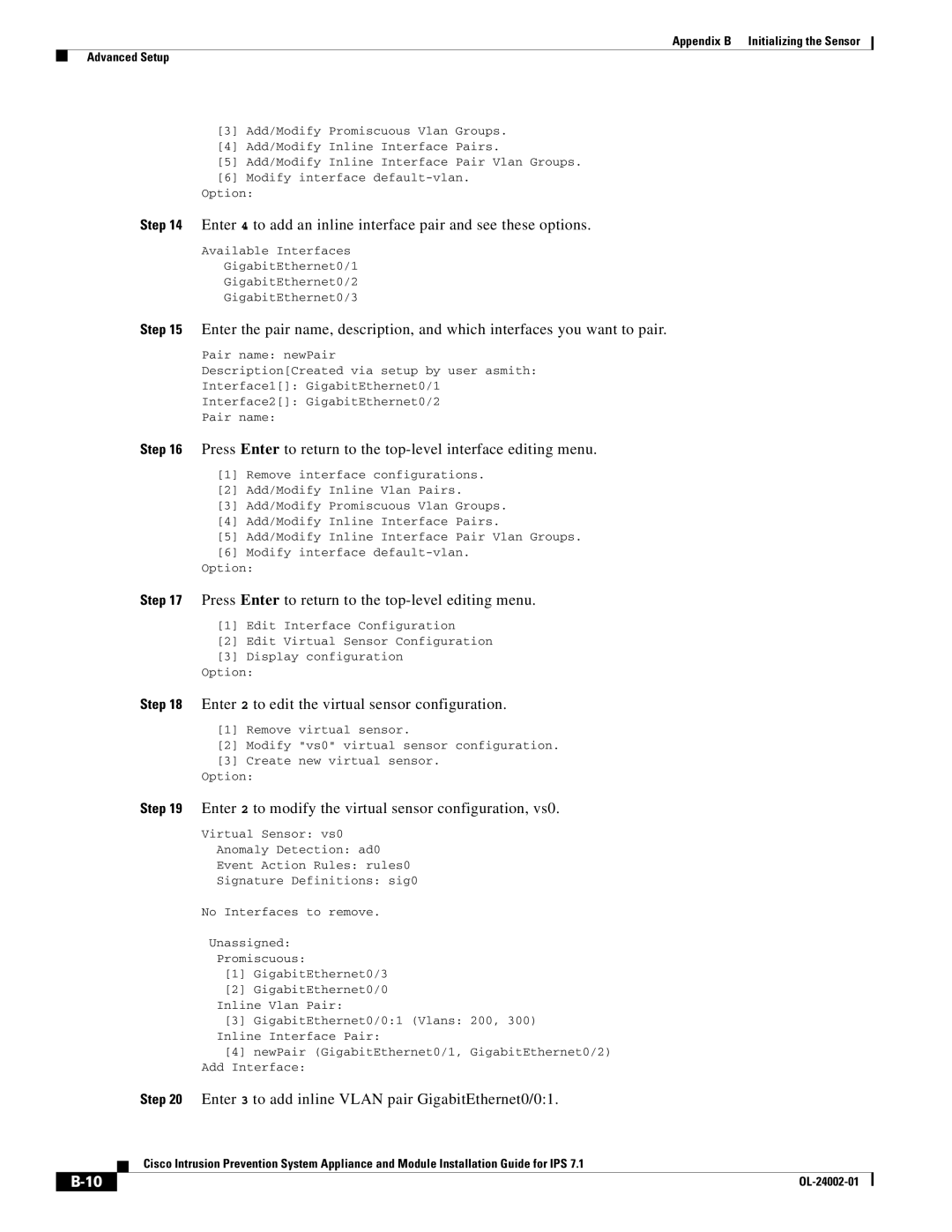 Cisco Systems IPS4520K9 manual Press Enter to return to the top-level editing menu 