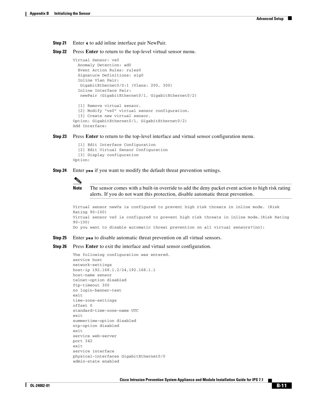 Cisco Systems IPS4520K9 manual Host-ip 192.168.1.2/24,192.168.1.1 