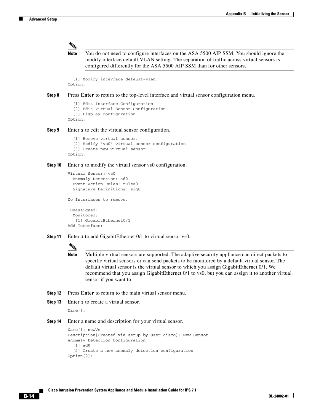 Cisco Systems IPS4520K9 manual Enter 2 to modify the virtual sensor vs0 configuration 