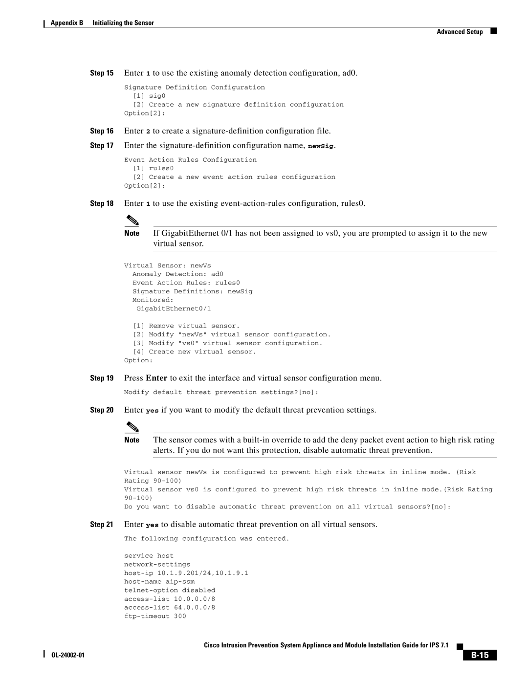 Cisco Systems IPS4520K9 manual Modify default threat prevention settings?no 