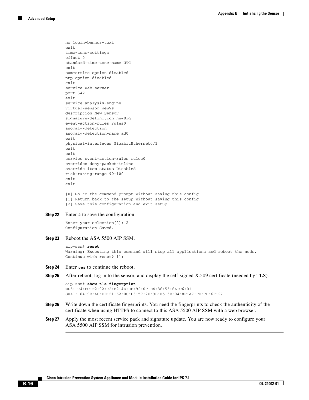 Cisco Systems IPS4520K9 manual Reboot the ASA 5500 AIP SSM, Aip-ssm#show tls fingerprint 