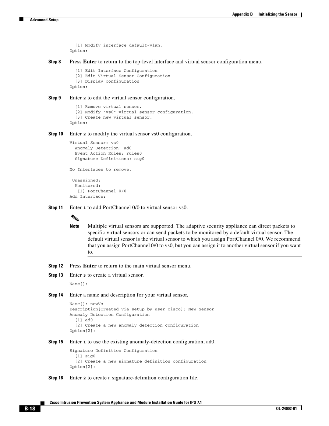 Cisco Systems IPS4520K9 manual Enter 2 to edit the virtual sensor configuration 