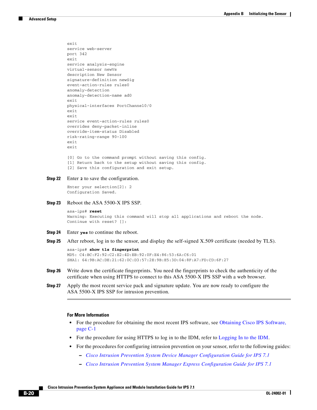 Cisco Systems IPS4520K9 manual Reboot the ASA 5500-X IPS SSP, Asa-ips#show tls fingerprint 