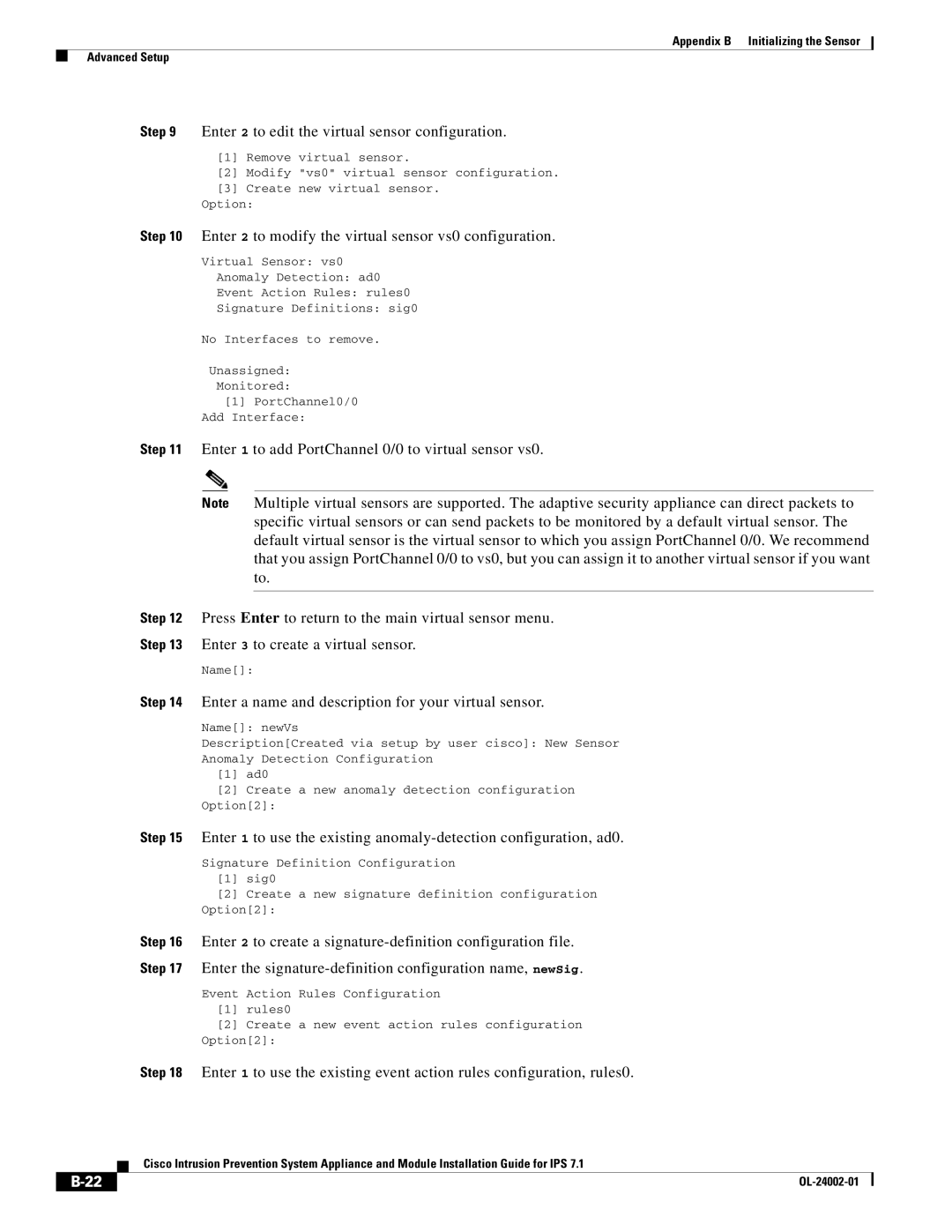 Cisco Systems IPS4520K9 manual Enter 2 to edit the virtual sensor configuration 