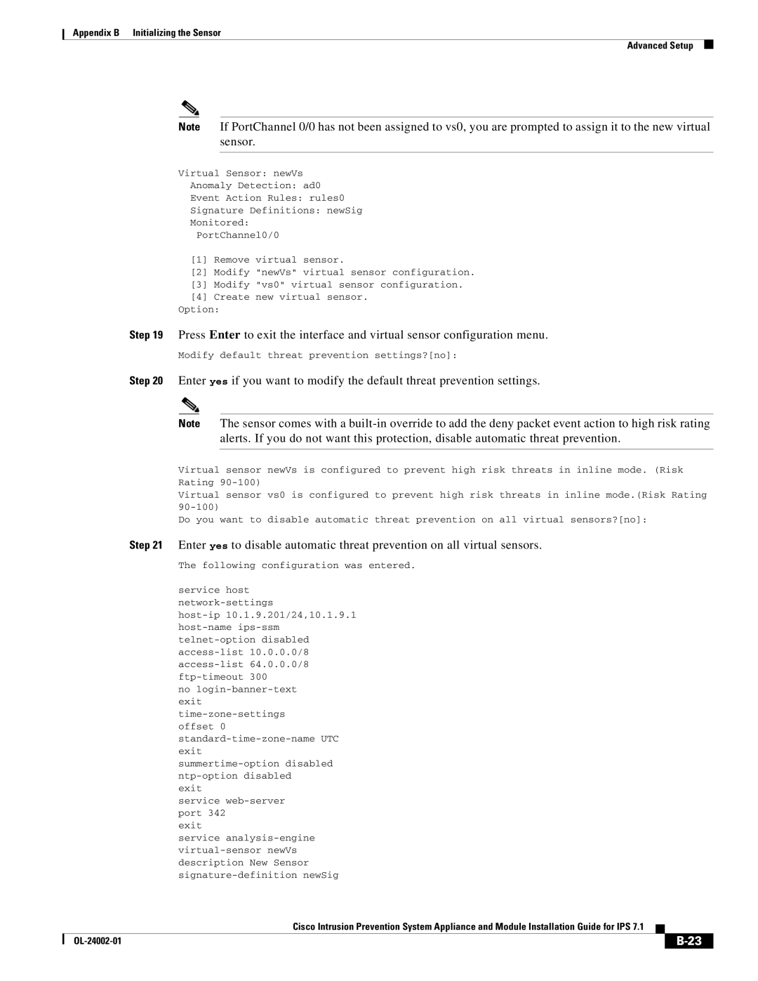 Cisco Systems IPS4520K9 manual Modify default threat prevention settings?no 