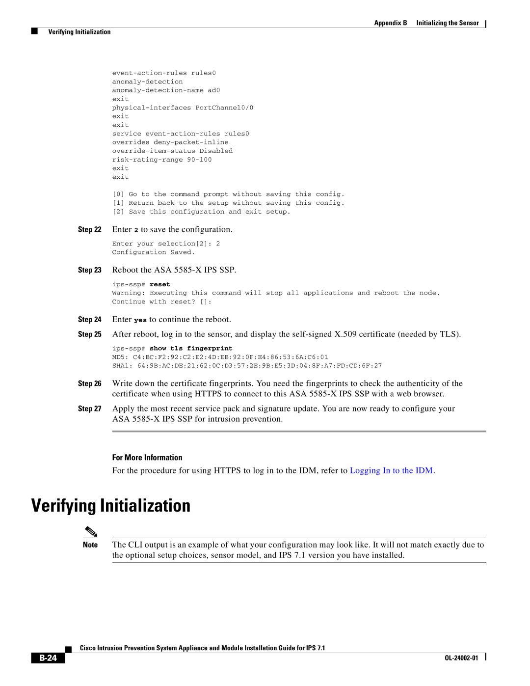 Cisco Systems IPS4520K9 manual Verifying Initialization, Reboot the ASA 5585-X IPS SSP, Ips-ssp#show tls fingerprint 