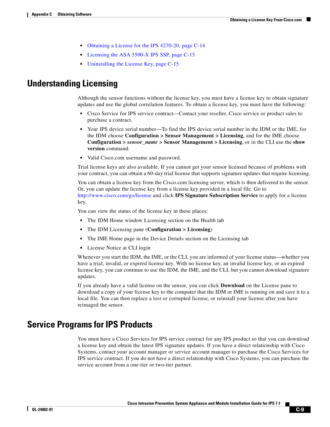 Cisco Systems IPS4520K9 manual Understanding Licensing, Service Programs for IPS Products 