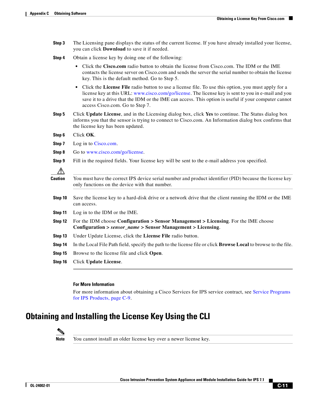 Cisco Systems IPS4520K9 manual Obtaining and Installing the License Key Using the CLI, For More Information 