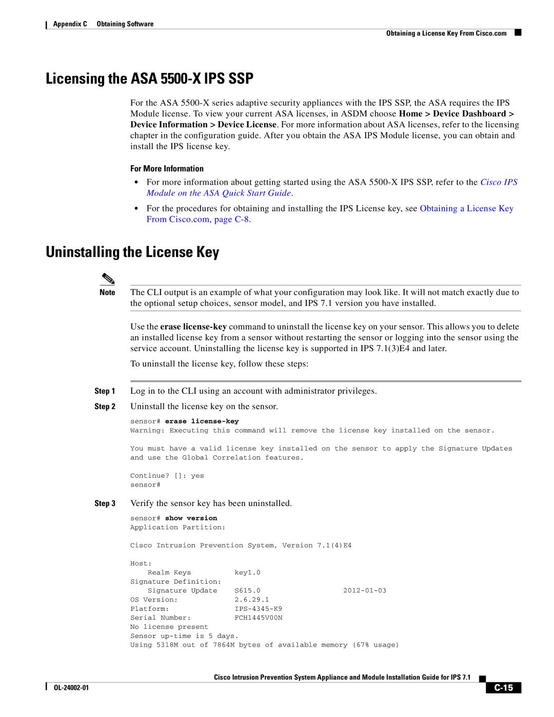 Cisco Systems IPS4520K9 manual Licensing the ASA 5500-X IPS SSP, Uninstalling the License Key, Sensor# erase license-key 