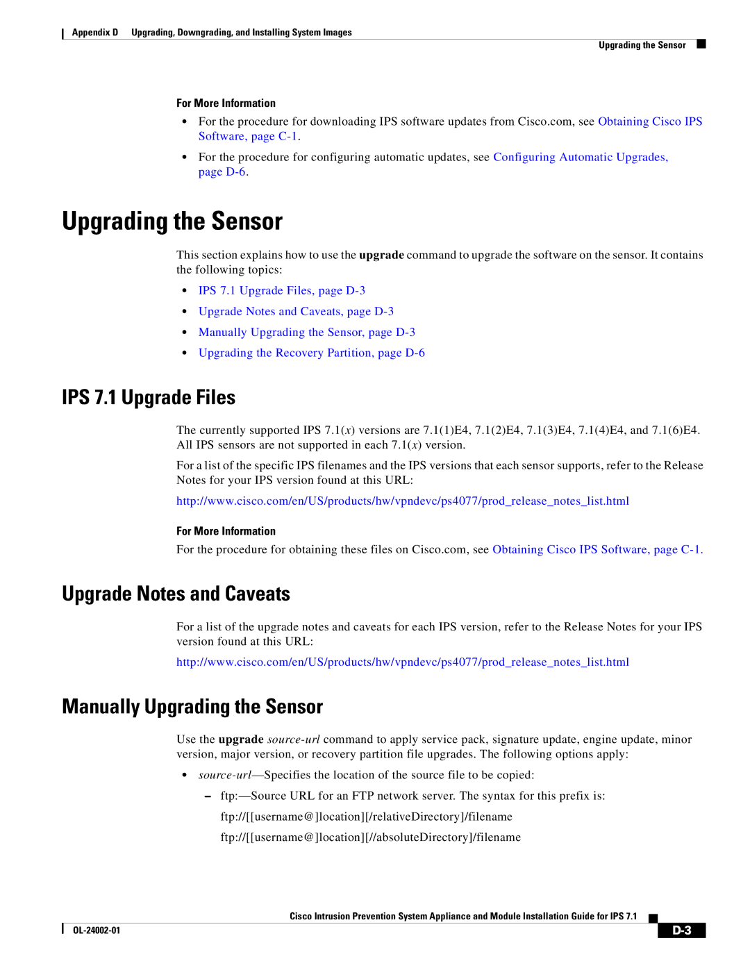 Cisco Systems IPS4520K9 manual Upgrading the Sensor, IPS 7.1 Upgrade Files, Upgrade Notes and Caveats 