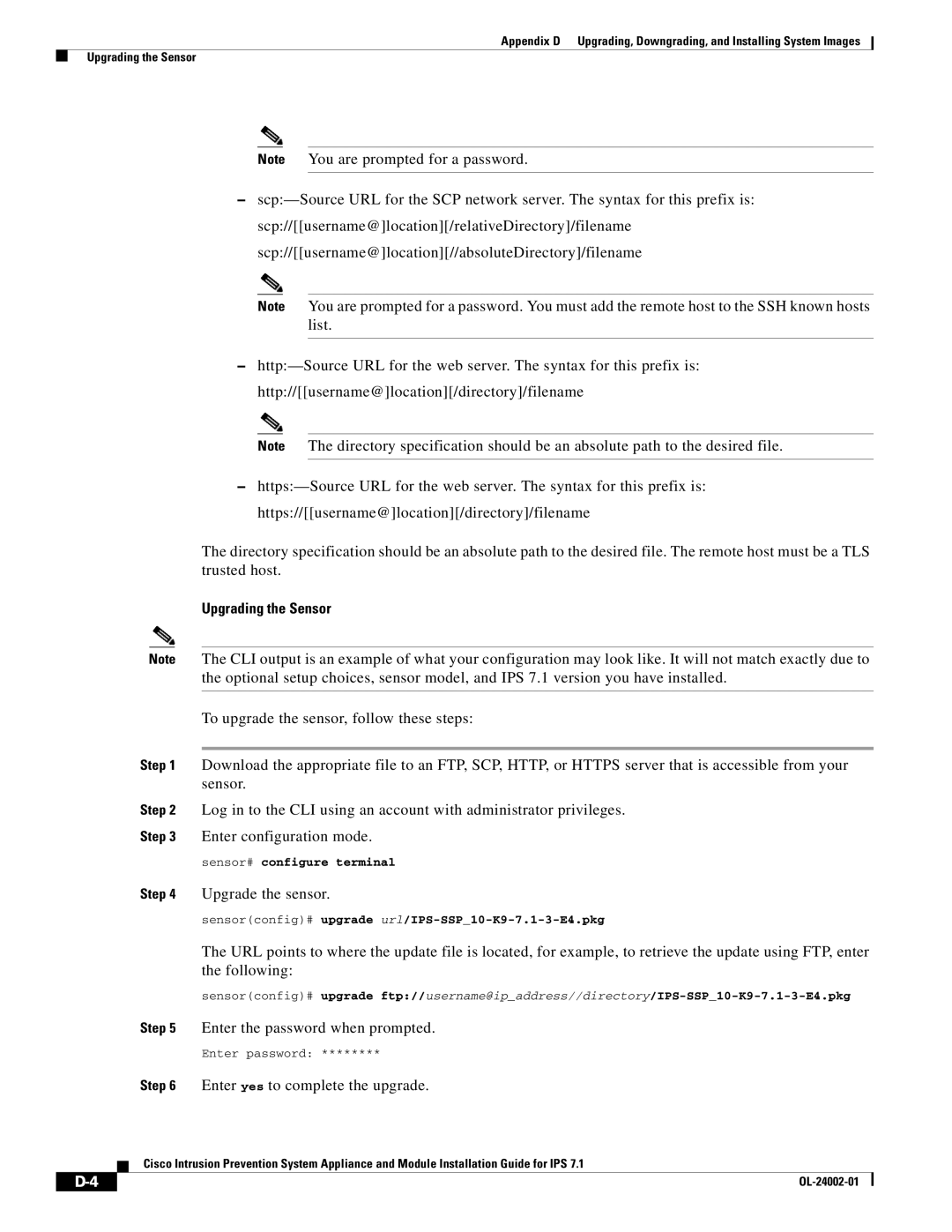 Cisco Systems IPS4520K9 manual Upgrading the Sensor, Upgrade the sensor, Enter the password when prompted 