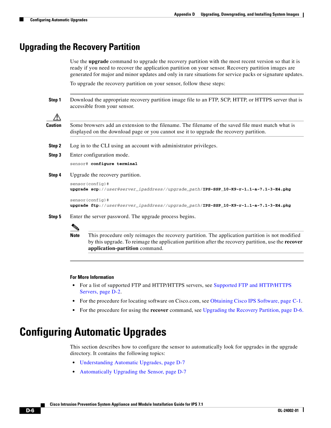 Cisco Systems IPS4520K9 Configuring Automatic Upgrades, Upgrading the Recovery Partition, Upgrade the recovery partition 