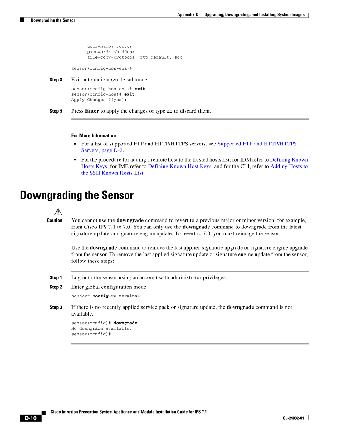 Cisco Systems IPS4520K9 manual Downgrading the Sensor, Exit automatic upgrade submode 