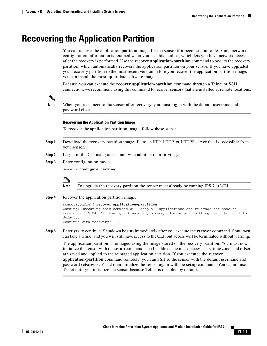 Cisco Systems IPS4520K9 manual Recovering the Application Partition Image, Recover the application partition image 