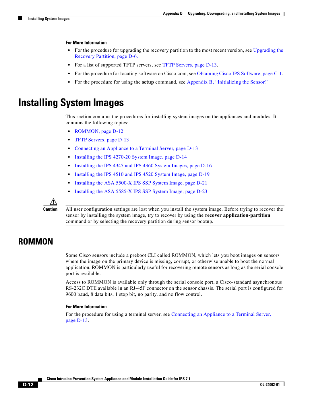 Cisco Systems IPS4520K9 manual Installing System Images, Rommon 