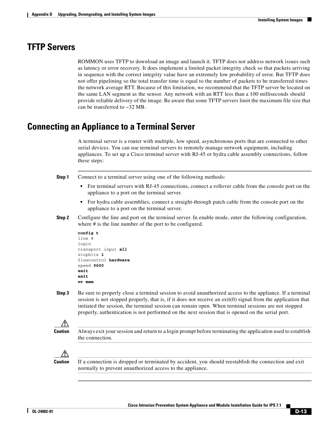 Cisco Systems IPS4520K9 manual Tftp Servers, Connecting an Appliance to a Terminal Server 