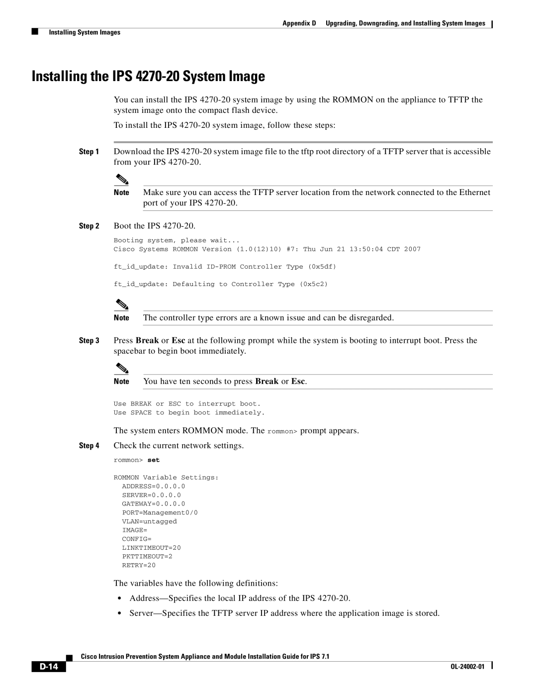 Cisco Systems IPS4520K9 manual Installing the IPS 4270-20 System Image 