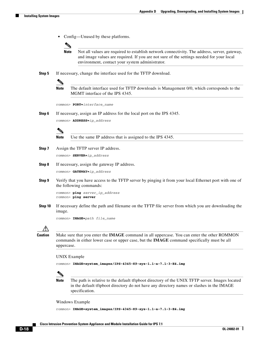 Cisco Systems IPS4520K9 Assign the Tftp server IP address, Rommon IMAGE=systemimages/IPS-4345-K9-sys-1.1-a-7.1-3-E4.img 