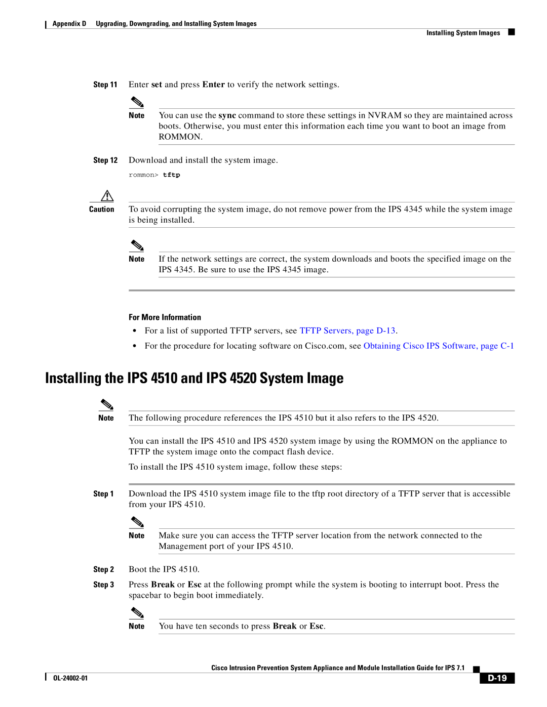 Cisco Systems IPS4520K9 manual Installing the IPS 4510 and IPS 4520 System Image 