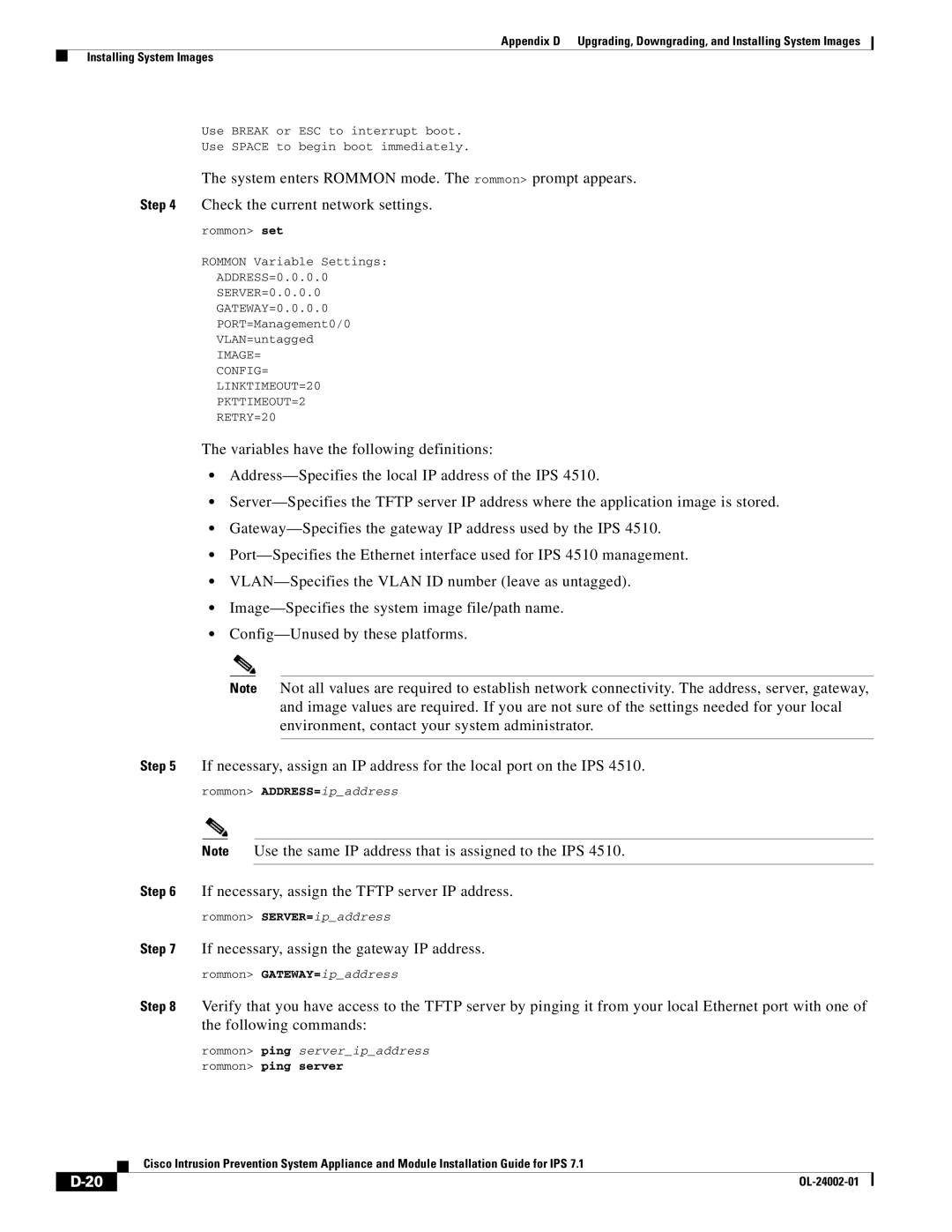 Cisco Systems IPS4520K9 manual If necessary, assign the Tftp server IP address 