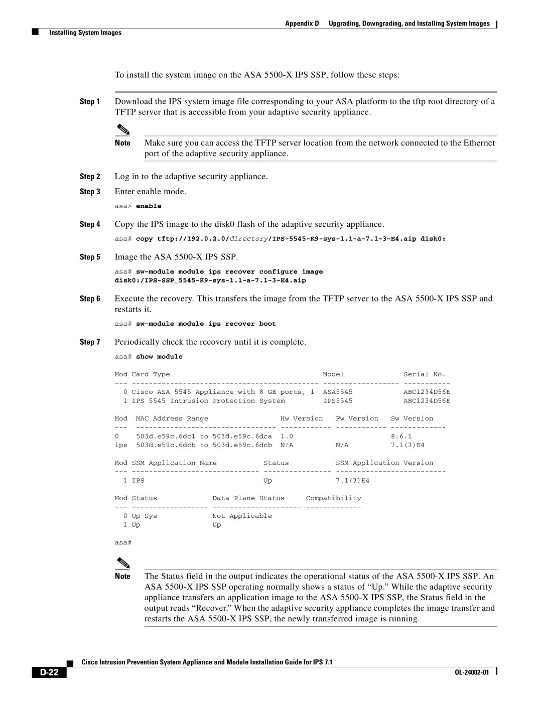 Cisco Systems IPS4520K9 Image the ASA 5500-X IPS SSP, Periodically check the recovery until it is complete, Asa enable 