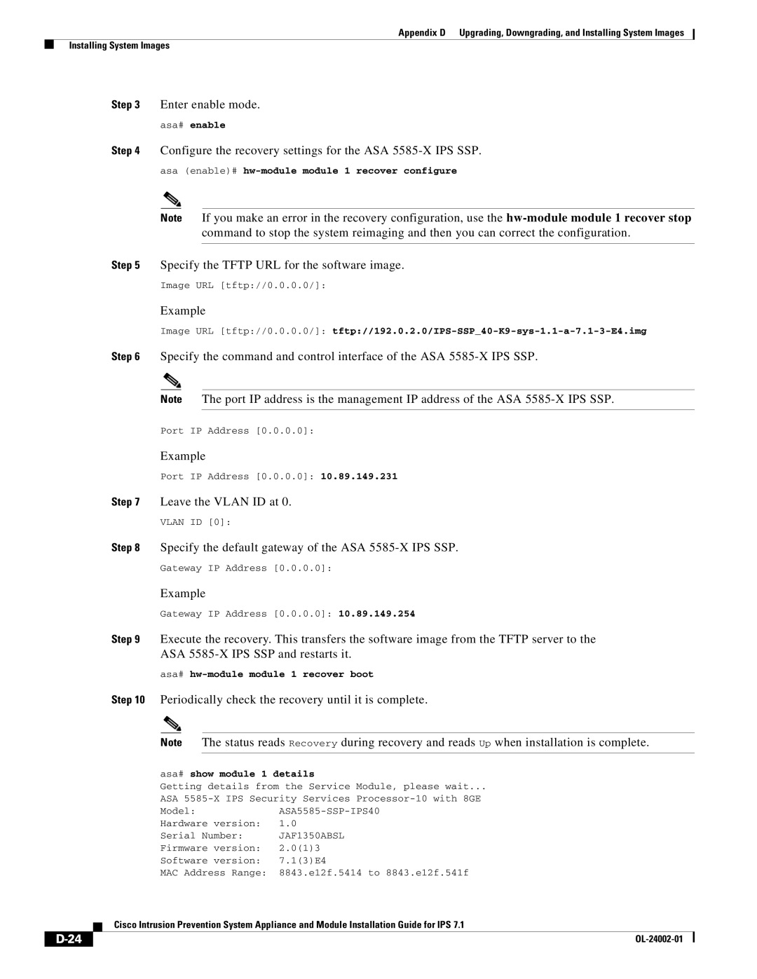 Cisco Systems IPS4520K9 manual Configure the recovery settings for the ASA 5585-X IPS SSP, Example, Leave the Vlan ID at 