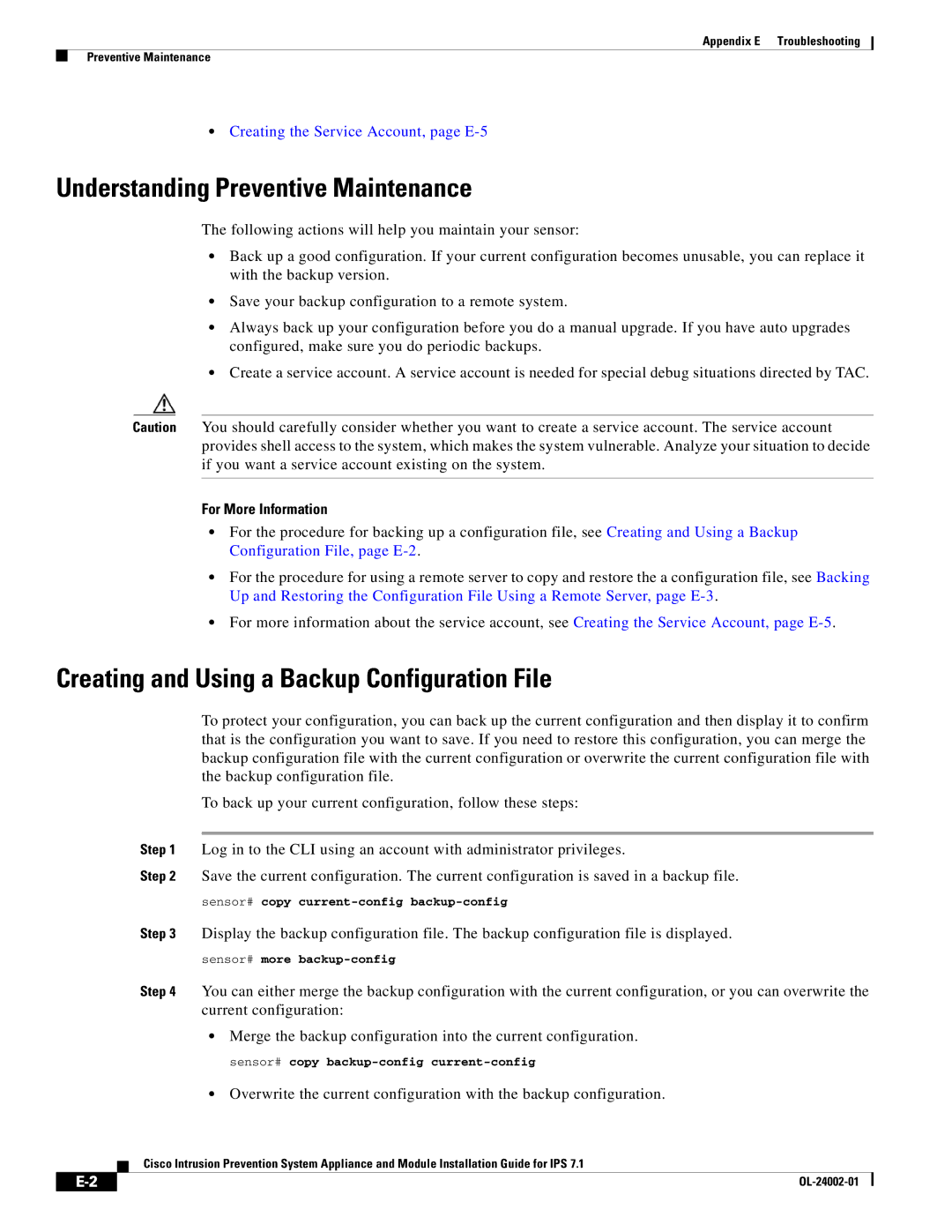 Cisco Systems IPS4520K9 manual Understanding Preventive Maintenance, Creating and Using a Backup Configuration File 