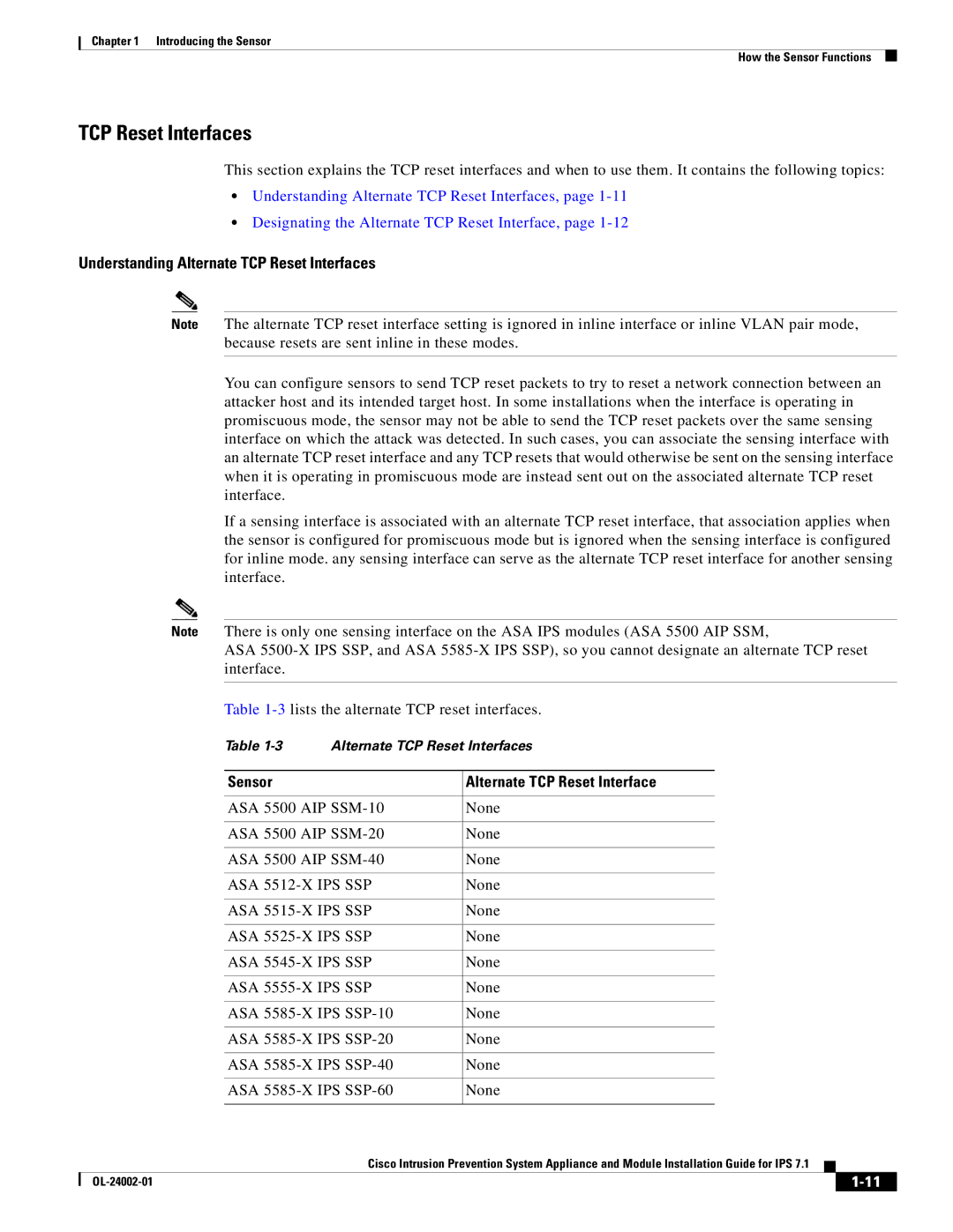 Cisco Systems IPS4520K9 manual TCP Reset Interfaces, Sensor Alternate TCP Reset Interface 