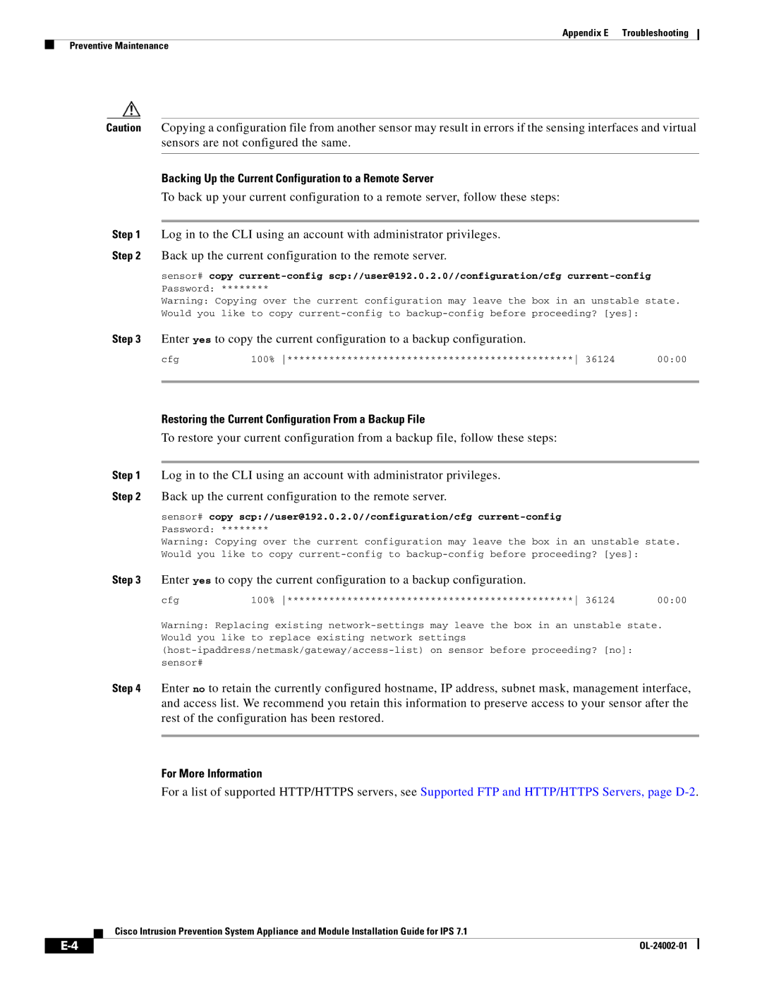 Cisco Systems IPS4520K9 manual Backing Up the Current Configuration to a Remote Server 