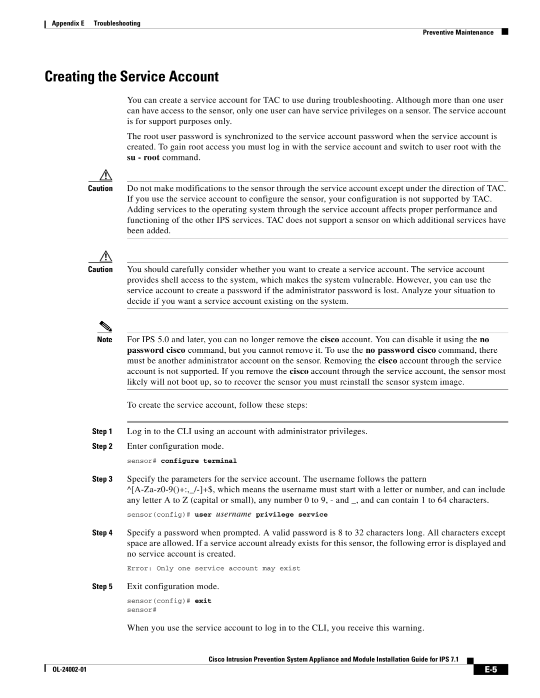 Cisco Systems IPS4520K9 manual Creating the Service Account, Exit configuration mode 